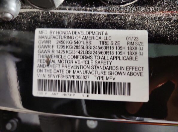 5FNYF8H67PB008827 2023 HONDA PASSPORT Black VIN sticker view