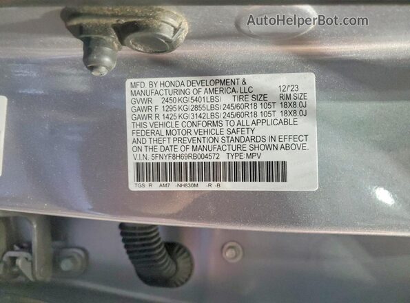 5FNYF8H69RB004572 2024 HONDA PASSPORT Серебряный Панорамный вид салона 360°