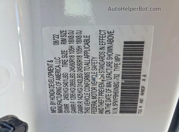 5FNYF8H6XNB024792 2022 HONDA PASSPORT White Вид наклейки з VIN-кодом