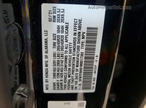 5FNYF8H91MB017383 2021 HONDA PASSPORT Black VIN sticker view