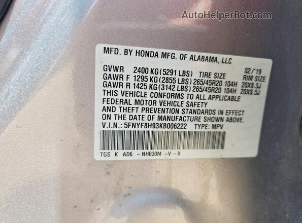 5FNYF8H93KB006222 2019 HONDA PASSPORT Silver Widok komory silnika