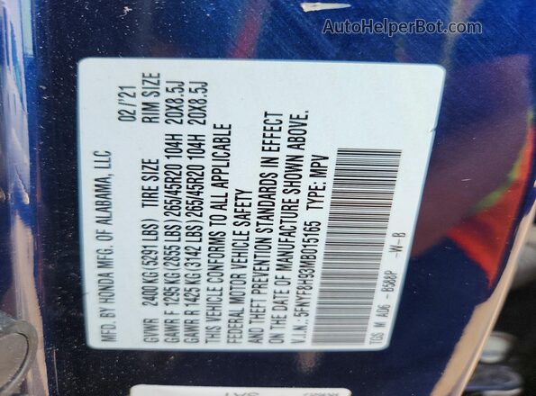 5FNYF8H93MB015165 2021 HONDA PASSPORT Blue Вид наклейки з VIN-кодом