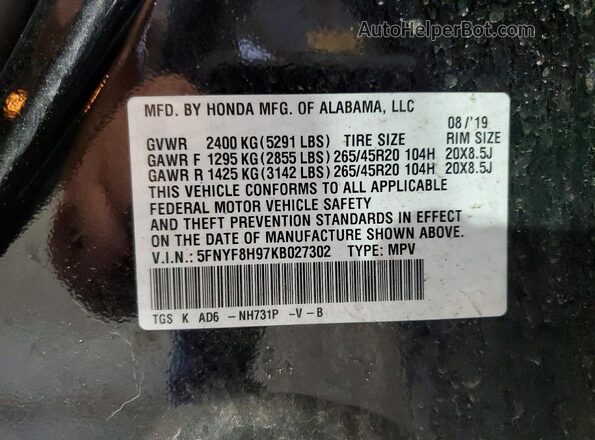 5FNYF8H97KB027302 2019 HONDA PASSPORT Black VIN sticker view