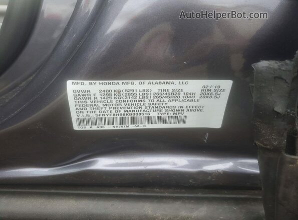 5FNYF8H98KB008516 2019 HONDA PASSPORT Серый Вид наклейки с VIN-кодом