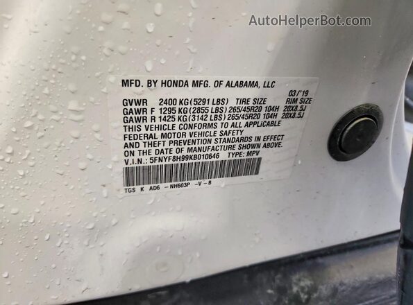 5FNYF8H99KB010646 2019 HONDA PASSPORT White VIN կոդի պիտակի տեսք
