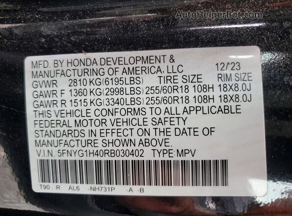 5FNYG1H40RB030402 2024 HONDA PILOT Black Widok naklejki z numerem VIN
