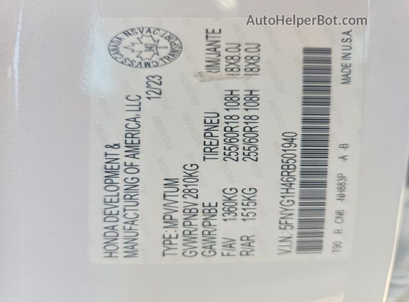5FNYG1H46RB501940 2024 HONDA PILOT Белый Вид наклейки с VIN-кодом