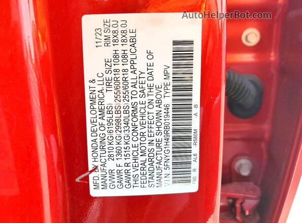 5FNYG1H49RB019446 2024 HONDA PILOT Red VIN կոդի պիտակի տեսք