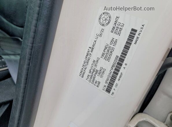 5FNYG1H71PB503358 2023 HONDA PILOT White Вид наклейки з VIN-кодом