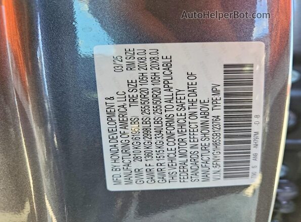 5FNYG1H85SB123764 2025 HONDA PILOT Gray Панорамний вид салону 360°