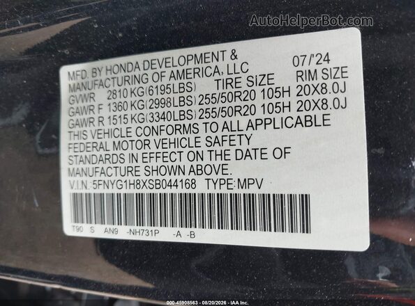 5FNYG1H8XSB044168 2025 HONDA PILOT Black Вид підкапотного простору