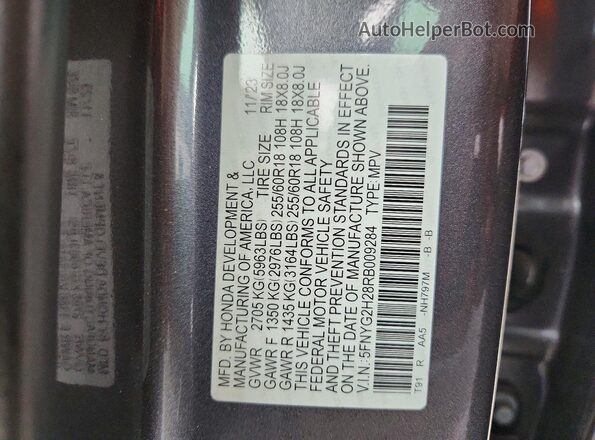 5FNYG2H28RB009284 2024 HONDA PILOT Gray Widok naklejki z numerem VIN