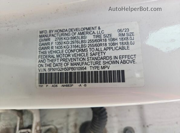 5FNYG2H50PB010954 2023 HONDA PILOT White 