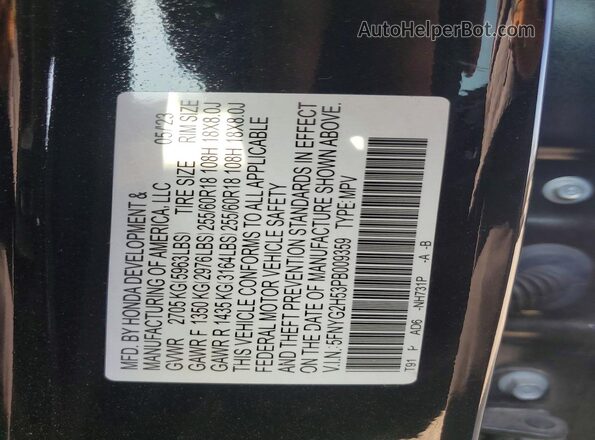 5FNYG2H53PB009359 2023 HONDA PILOT Black Widok naklejki z numerem VIN
