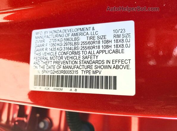 5FNYG2H53RB005315 2024 HONDA PILOT Red Vista de la etiqueta del VIN