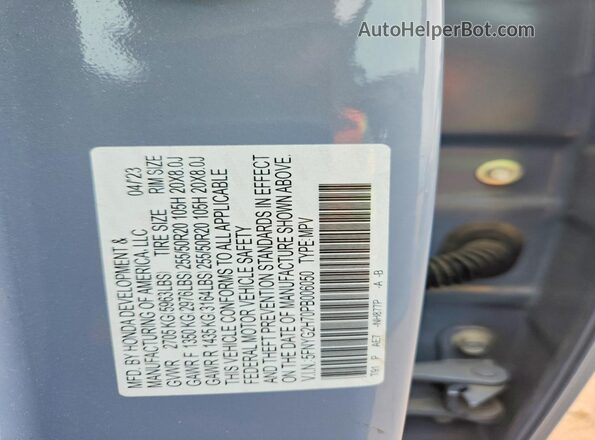 5FNYG2H70PB006050 2023 HONDA PILOT Teal Vista de la etiqueta del VIN