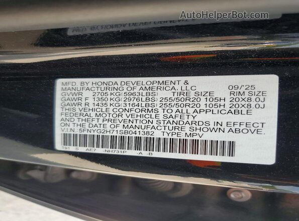 5FNYG2H71SB041382 2025 HONDA PILOT Black VIN կոդի պիտակի տեսք