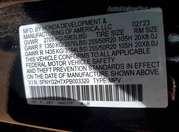 5FNYG2H7XPB003320 2023 HONDA PILOT Black Vista de la etiqueta del VIN