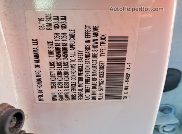 5FPYK2F1XKB008577 2019 HONDA RIDGELINE White ძრავის განყოფილების ხედი