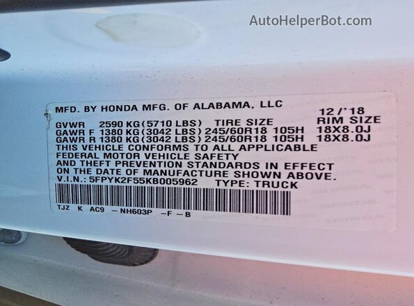 5FPYK2F55KB005962 2019 HONDA RIDGELINE White Вид підкапотного простору