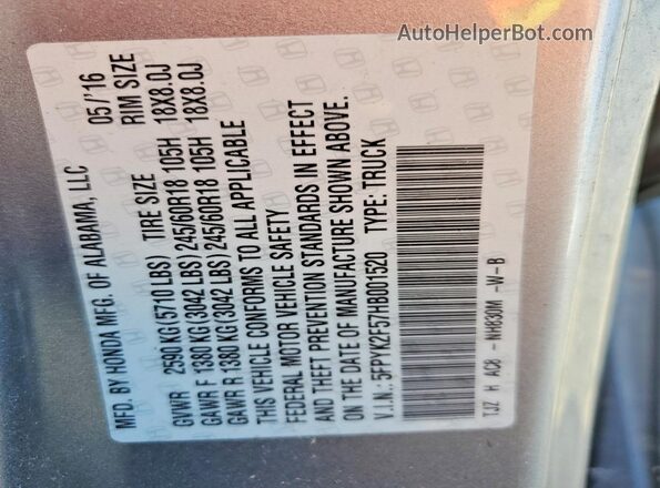 5FPYK2F57HB001520 2017 HONDA RIDGELINE Silver Widok komory silnika