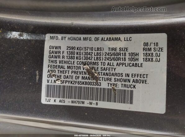 5FPYK2F65KB003363 2019 HONDA RIDGELINE Gray ძრავის განყოფილების ხედი