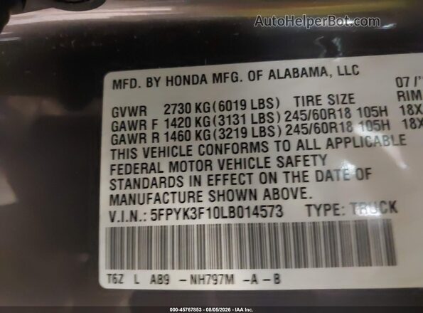 5FPYK3F10LB014573 2020 HONDA RIDGELINE Gray ძრავის განყოფილების ხედი