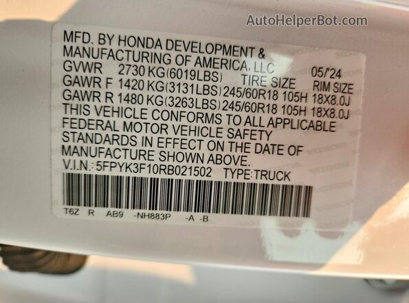 5FPYK3F10RB021502 2024 HONDA RIDGELINE White Вид підкапотного простору