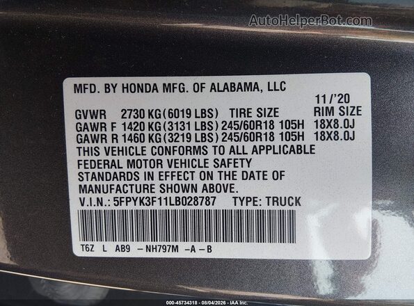 5FPYK3F11LB028787 2020 HONDA RIDGELINE Gray Vista del compartimento del motor