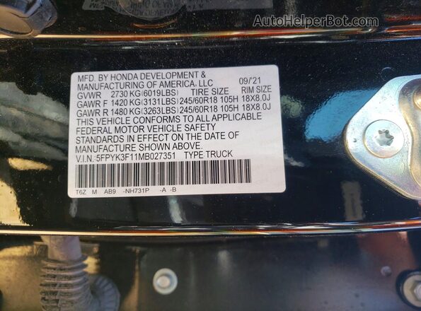 5FPYK3F11MB027351 2021 HONDA RIDGELINE Черный Вид подкапотного пространства