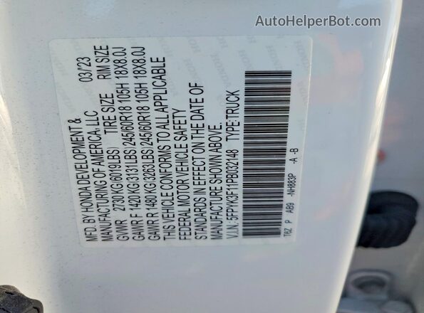5FPYK3F11PB032148 2023 HONDA RIDGELINE White VIN კოდის სტიკერის ხედი