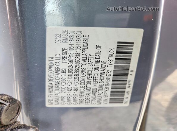 5FPYK3F16NB015732 2022 HONDA RIDGELINE Gray Вид підкапотного простору