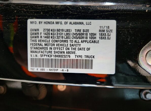 5FPYK3F18KB023276 2019 HONDA RIDGELINE Black Vista del compartimento del motor