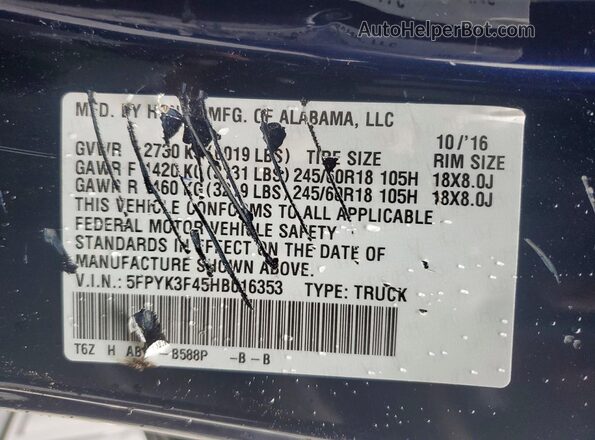 5FPYK3F45HB016353 2017 HONDA RIDGELINE Blue Widok naklejki z numerem VIN