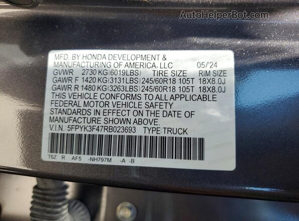 5FPYK3F47RB023693 2024 HONDA RIDGELINE Charcoal Vista de la etiqueta del VIN