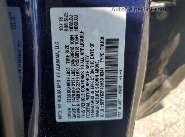 5FPYK3F49HB016341 2017 HONDA RIDGELINE Blue Widok komory silnika