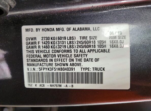5FPYK3F51KB040391 2019 HONDA RIDGELINE Gray Engine compartment view