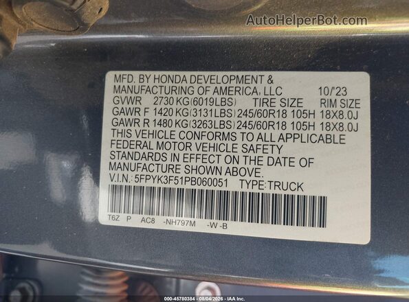 5FPYK3F51PB060051 2023 HONDA RIDGELINE Gray Widok komory silnika