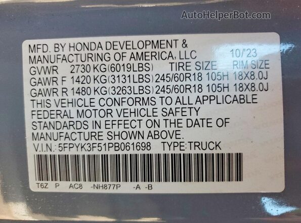 5FPYK3F51PB061698 2023 HONDA RIDGELINE Gray VIN կոդի պիտակի տեսք