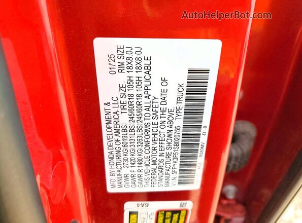5FPYK3F51SB020755 2025 HONDA RIDGELINE Красный Вид наклейки с VIN-кодом
