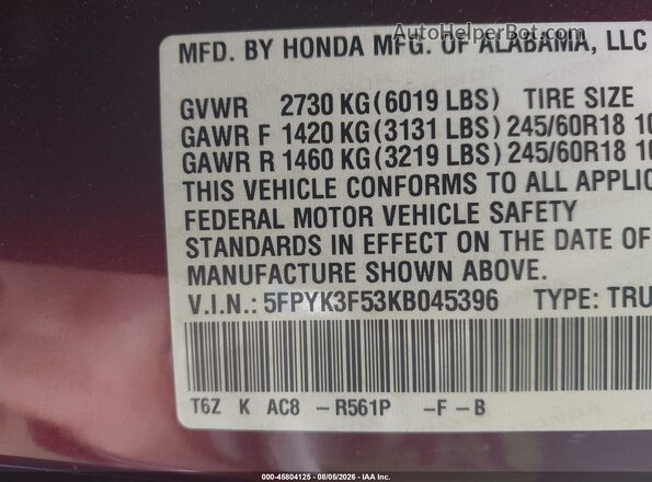 5FPYK3F53KB045396 2019 HONDA RIDGELINE Red Շարժիչի բաժամունքի տեսք