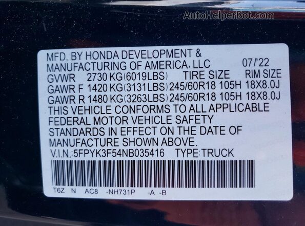 5FPYK3F54NB035416 2022 HONDA RIDGELINE Black Вид підкапотного простору