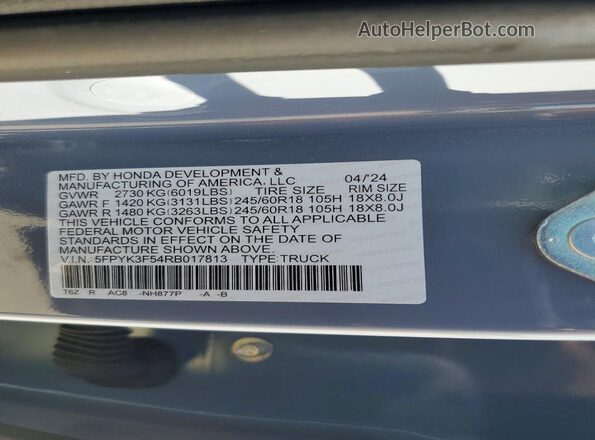 5FPYK3F54RB017813 2024 HONDA RIDGELINE Серый Вид наклейки с VIN-кодом