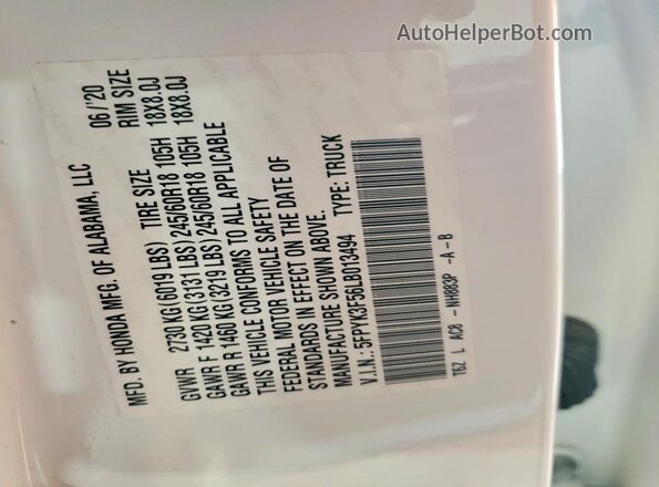 5FPYK3F56LB013494 2020 HONDA RIDGELINE White Շարժիչի բաժամունքի տեսք