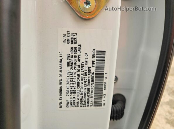 5FPYK3F57LB025007 2020 HONDA RIDGELINE White Vista de la etiqueta del VIN