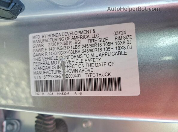 5FPYK3F57RB009401 2024 HONDA RIDGELINE Серебряный Вид наклейки с VIN-кодом