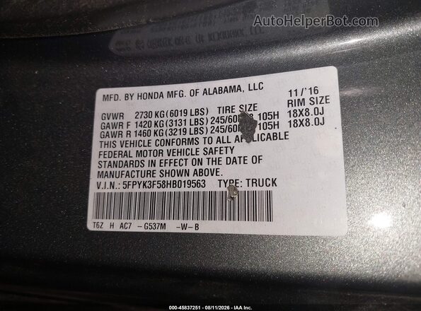5FPYK3F58HB019563 2017 HONDA RIDGELINE Silver Engine compartment view