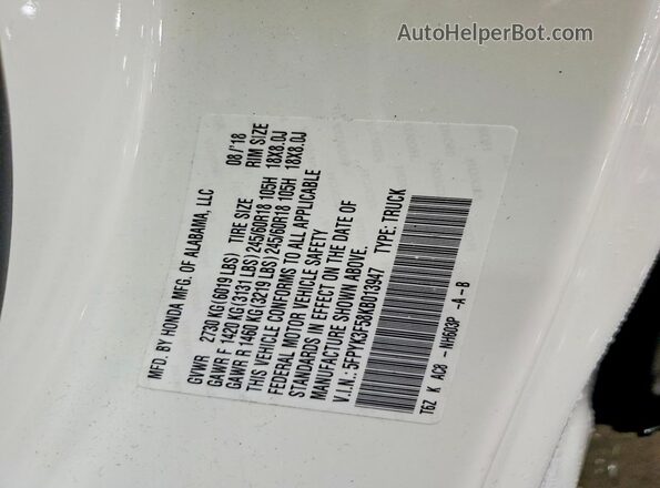 5FPYK3F58KB013947 2019 HONDA RIDGELINE White VIN կոդի պիտակի տեսք