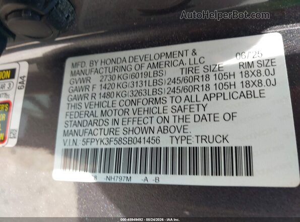 5FPYK3F58SB041456 2025 HONDA RIDGELINE Gray Вид підкапотного простору
