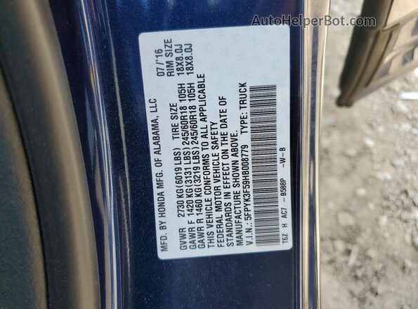 5FPYK3F59HB008779 2017 HONDA RIDGELINE Blue Widok komory silnika